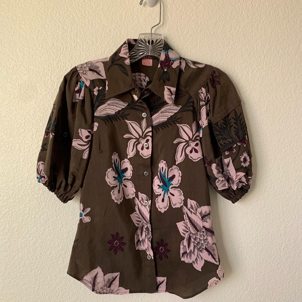 Pink Tartan Floral Puff Sleeve Button Down - Picture 1 of 7